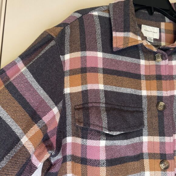 American Eagle women's size medium M plaid flannel button pink gray shacket top - Picture 6 of 13